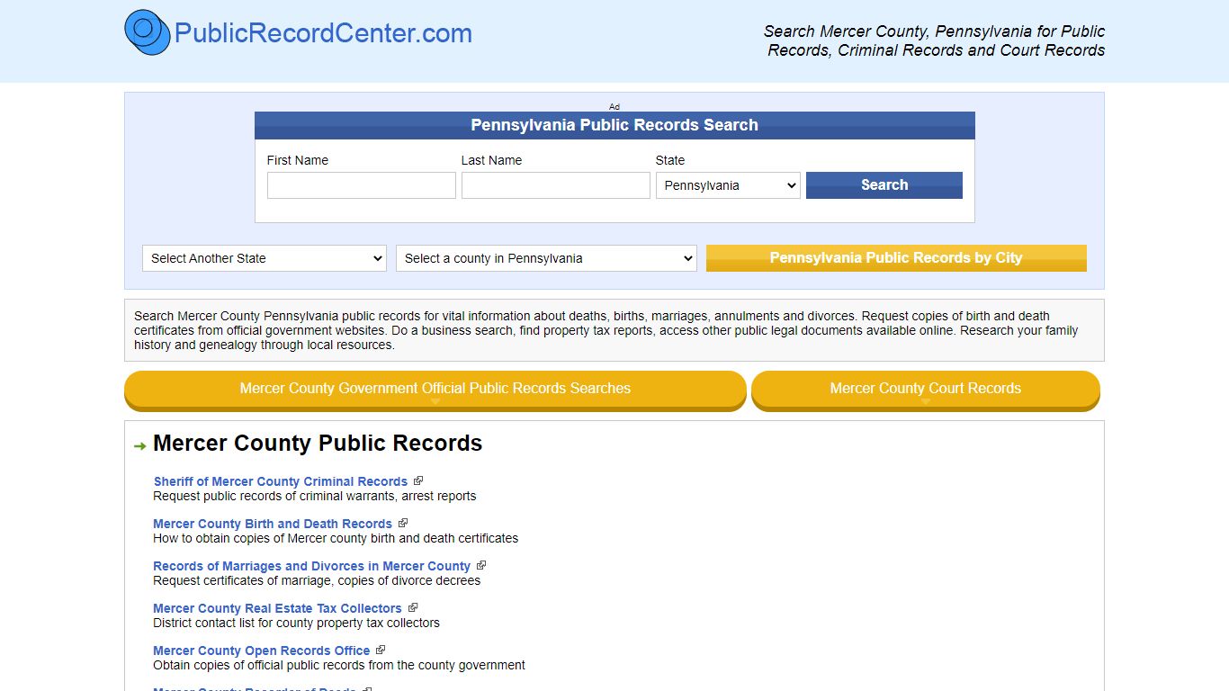 Mercer County Pennsylvania Free Public Records - Court Records ...